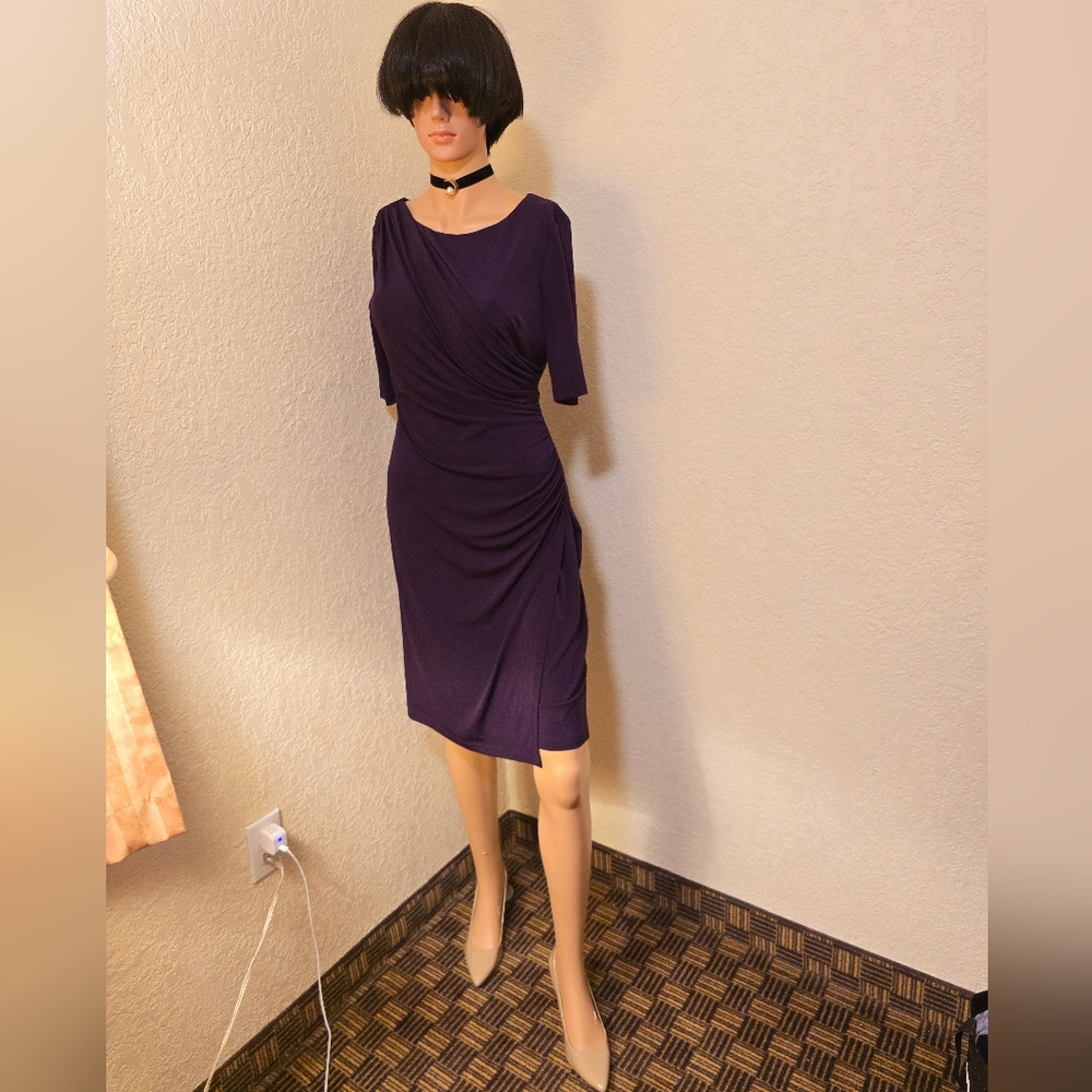 Connected Apparel Blue Sheath Midi Dress Crew Neck Short Sleeve